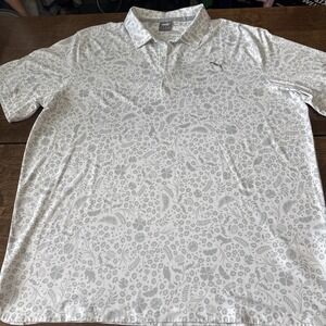 Puma Shirt Mens XL White  Gray Geometric Performance Golf Polo USA